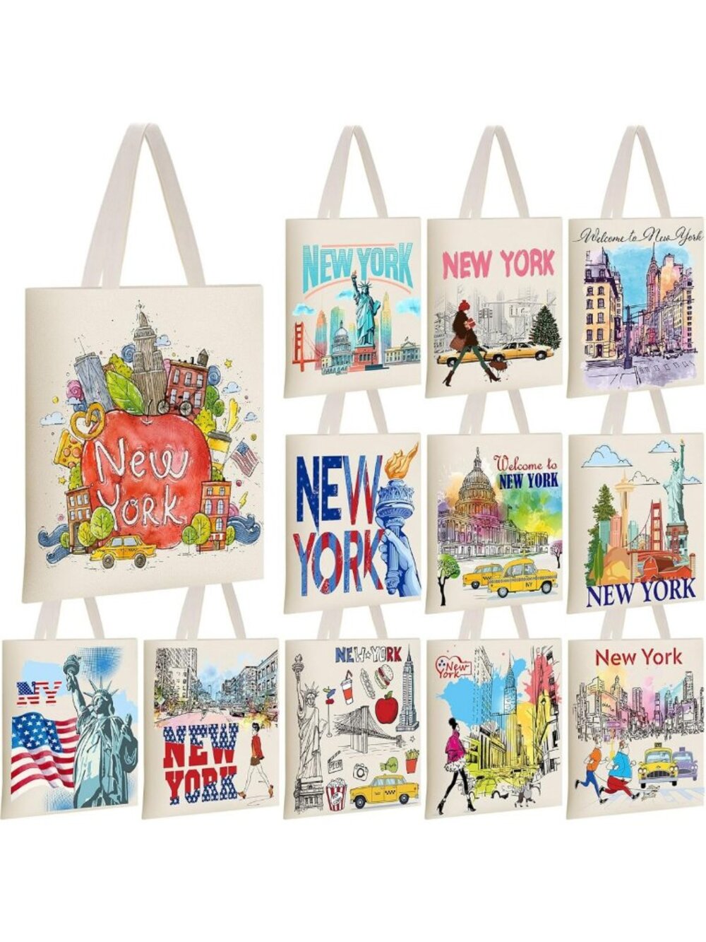 12 Pcs Watercolor Tote Bag Set - Reusable Canvas Bags with Zipper Pocket for
